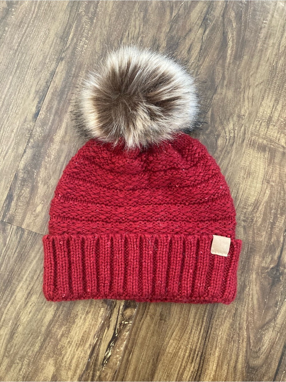 Sonoma Red Knit Pom Hat with Faux Fur Pom Cold Weather Essential